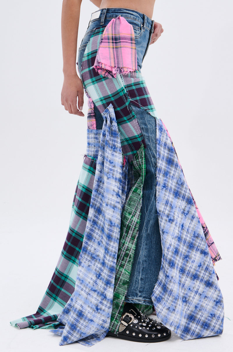 PLAID ON PLAID DENIM JEANS