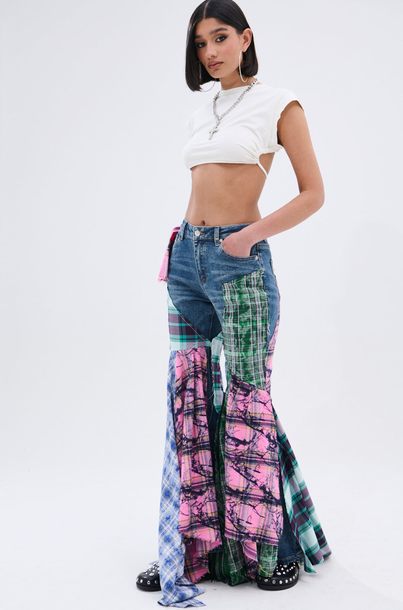 PLAID ON PLAID DENIM JEANS