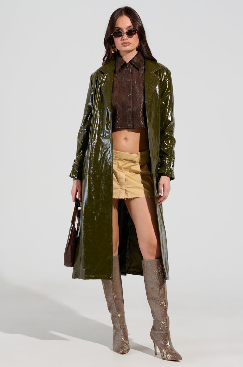 ON THE FLY FAUX LEATHER TRENCH