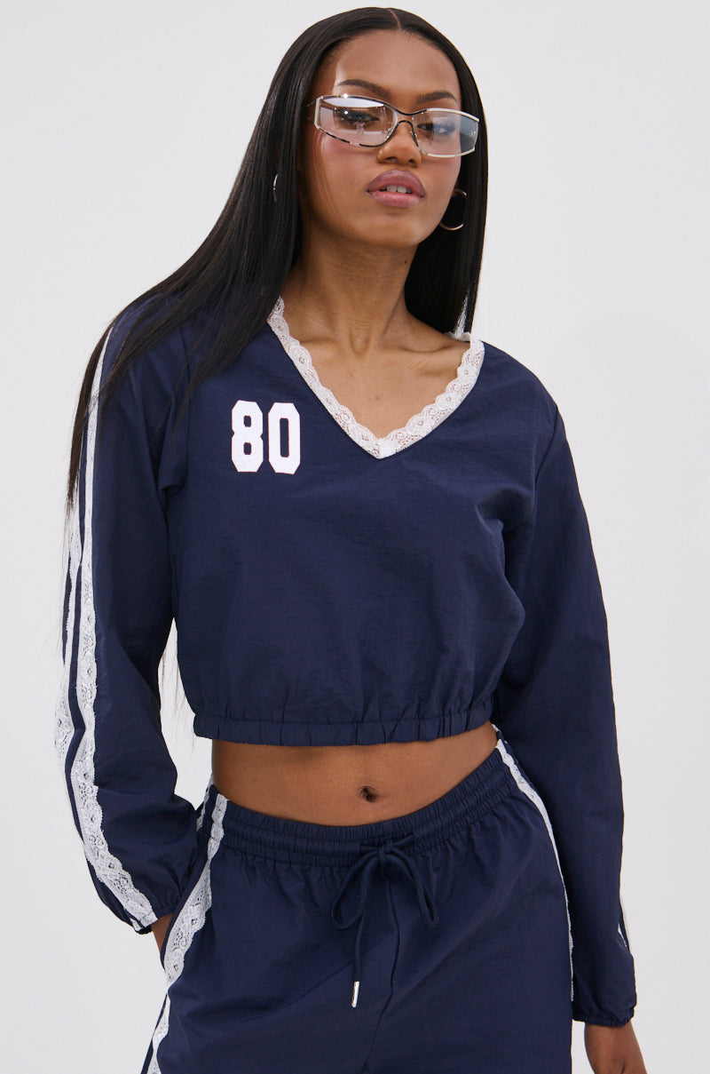 LACE TRIM NYLON CROPPED SWEATSHIRT