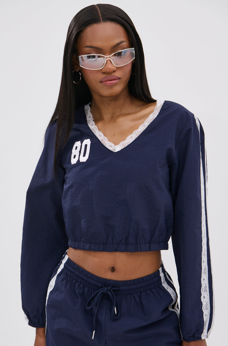 LACE TRIM NYLON CROPPED SWEATSHIRT
