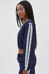 LACE TRIM NYLON CROPPED SWEATSHIRT