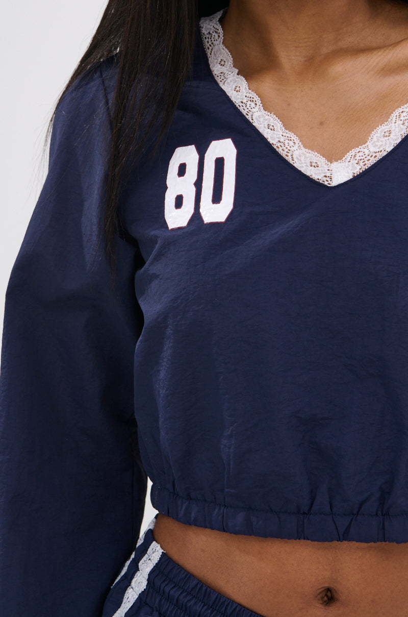 LACE TRIM NYLON CROPPED SWEATSHIRT