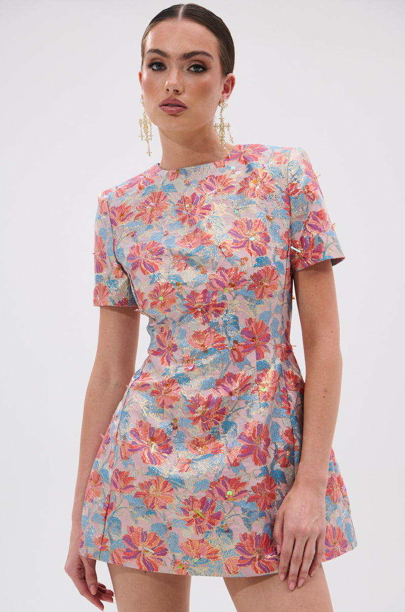 PRETTY IN PINK BROCADE BEADED MINI DRESS