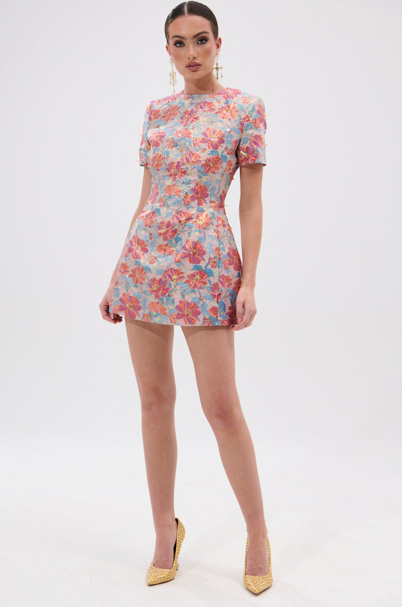 PRETTY IN PINK BROCADE BEADED MINI DRESS