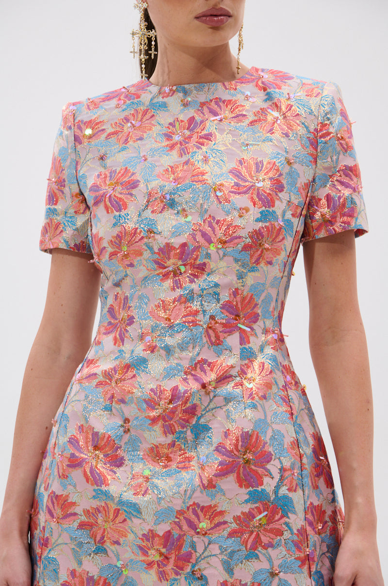 PRETTY IN PINK BROCADE BEADED MINI DRESS