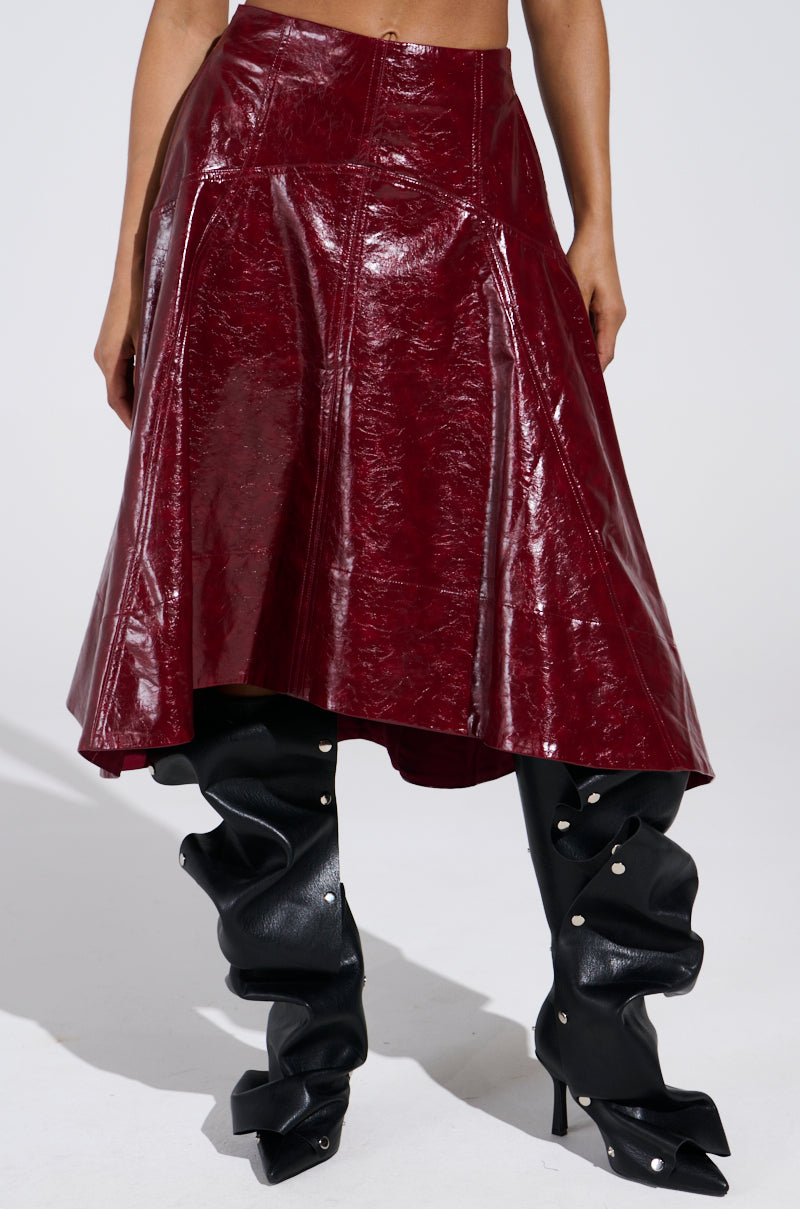 THINK ABOUT IT FAUX LEATHER MIDI SKIRT IN BURGUNDY