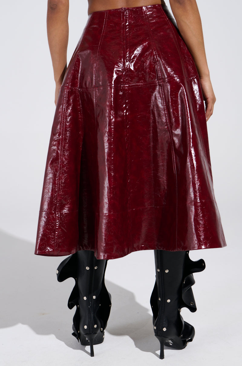 THINK ABOUT IT FAUX LEATHER MIDI SKIRT IN BURGUNDY