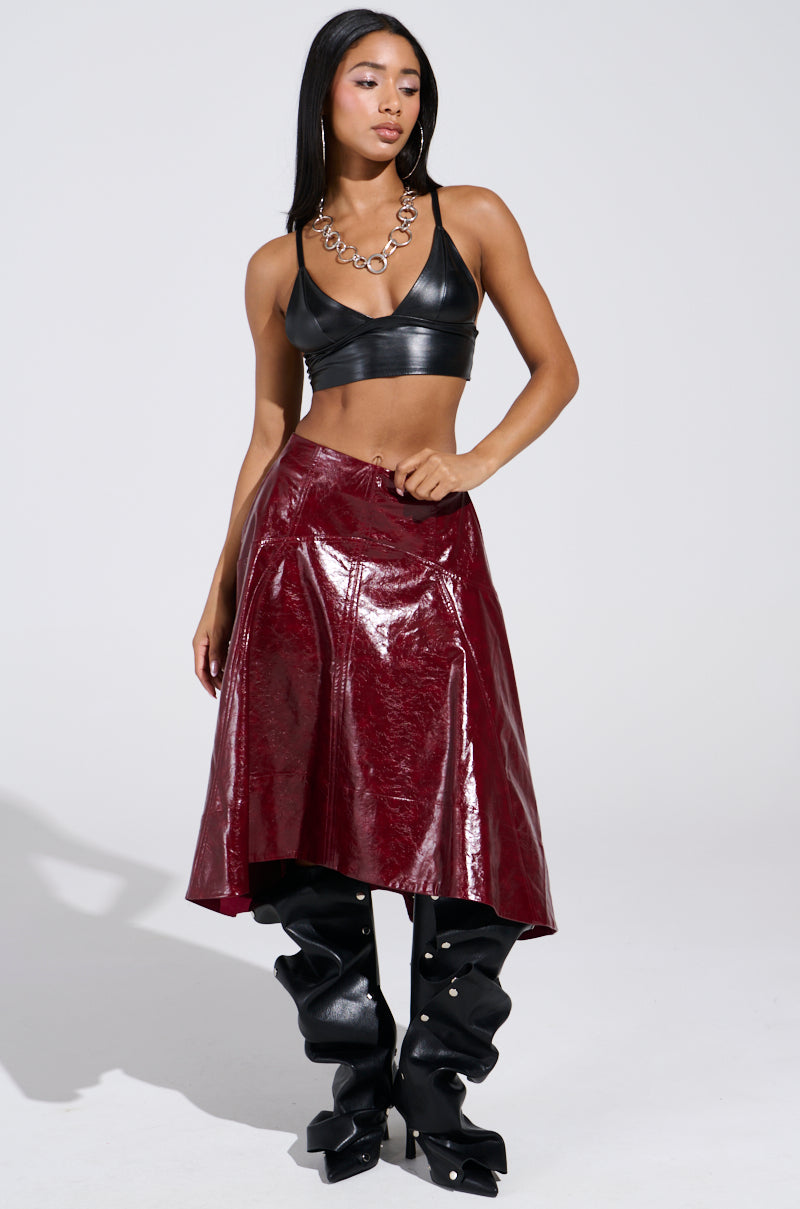 THINK ABOUT IT FAUX LEATHER MIDI SKIRT IN BURGUNDY