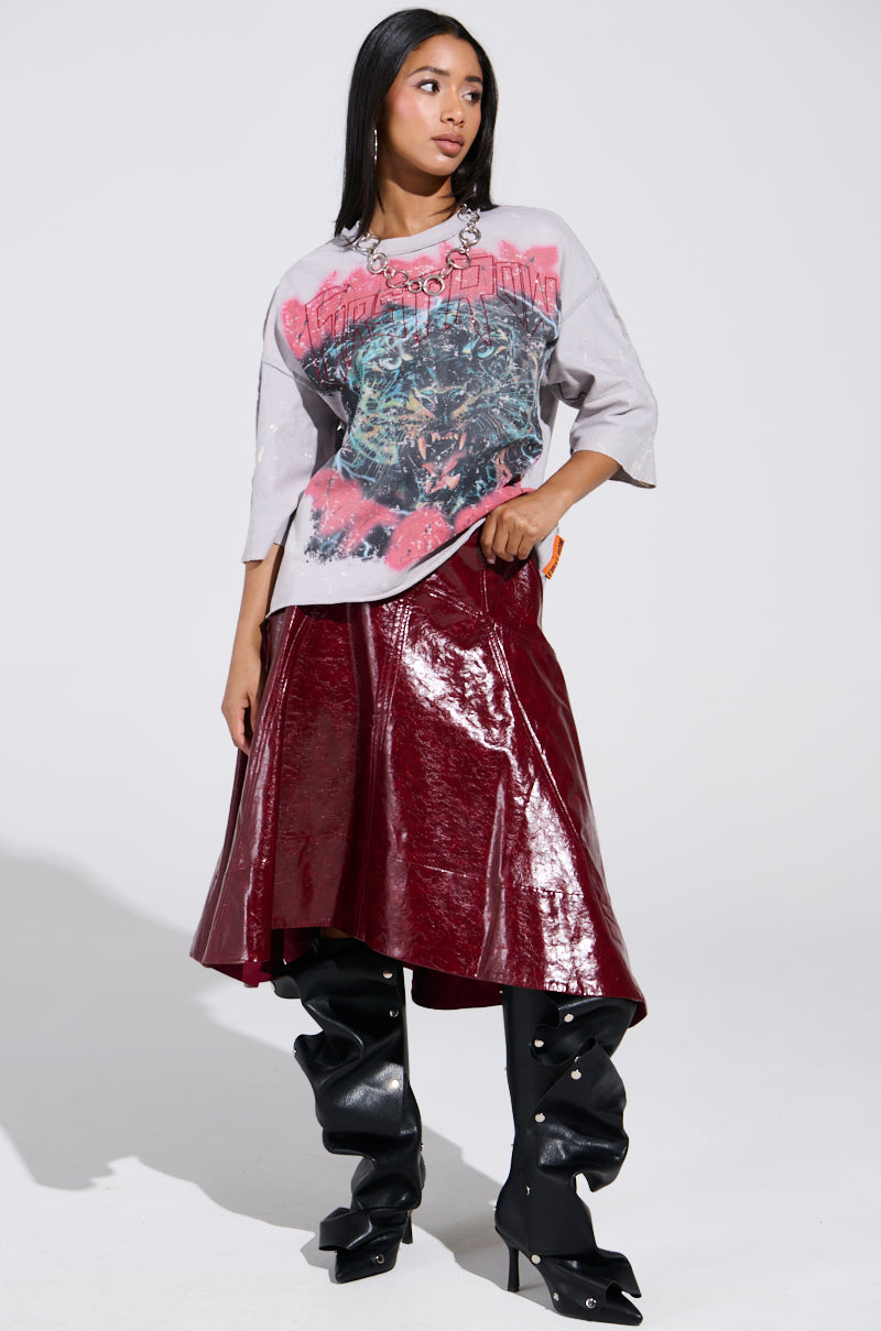 THINK ABOUT IT FAUX LEATHER MIDI SKIRT IN BURGUNDY