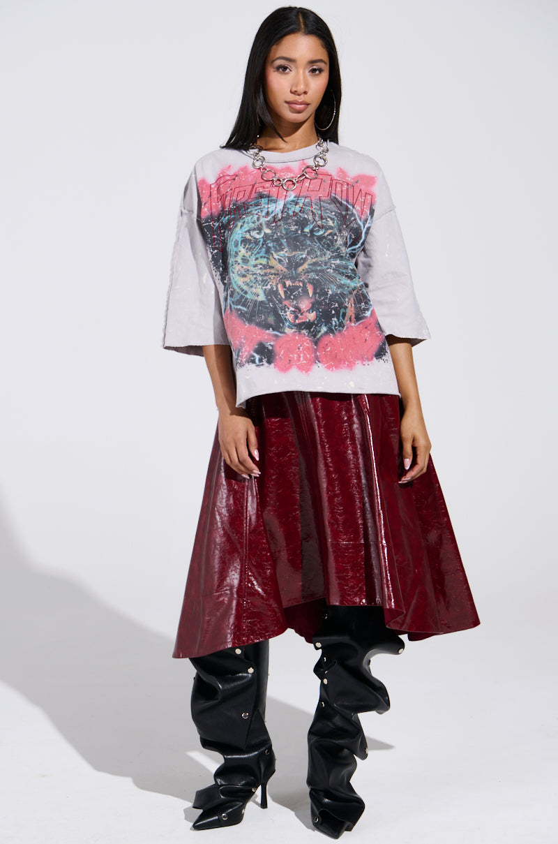 THINK ABOUT IT FAUX LEATHER MIDI SKIRT IN BURGUNDY