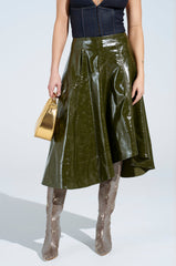 THINK ABOUT IT FAUX LEATHER MIDI SKIRT IN OLIVE
