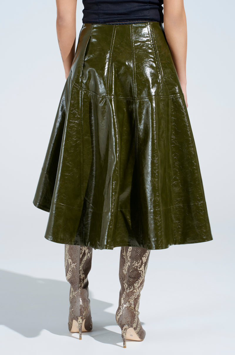 THINK ABOUT IT FAUX LEATHER MIDI SKIRT IN OLIVE