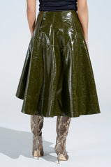 THINK ABOUT IT FAUX LEATHER MIDI SKIRT IN OLIVE