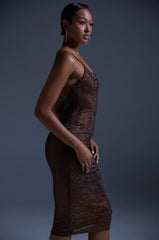 JUST FOR FUN RHINESTONE MIDI DRESS IN BROWN