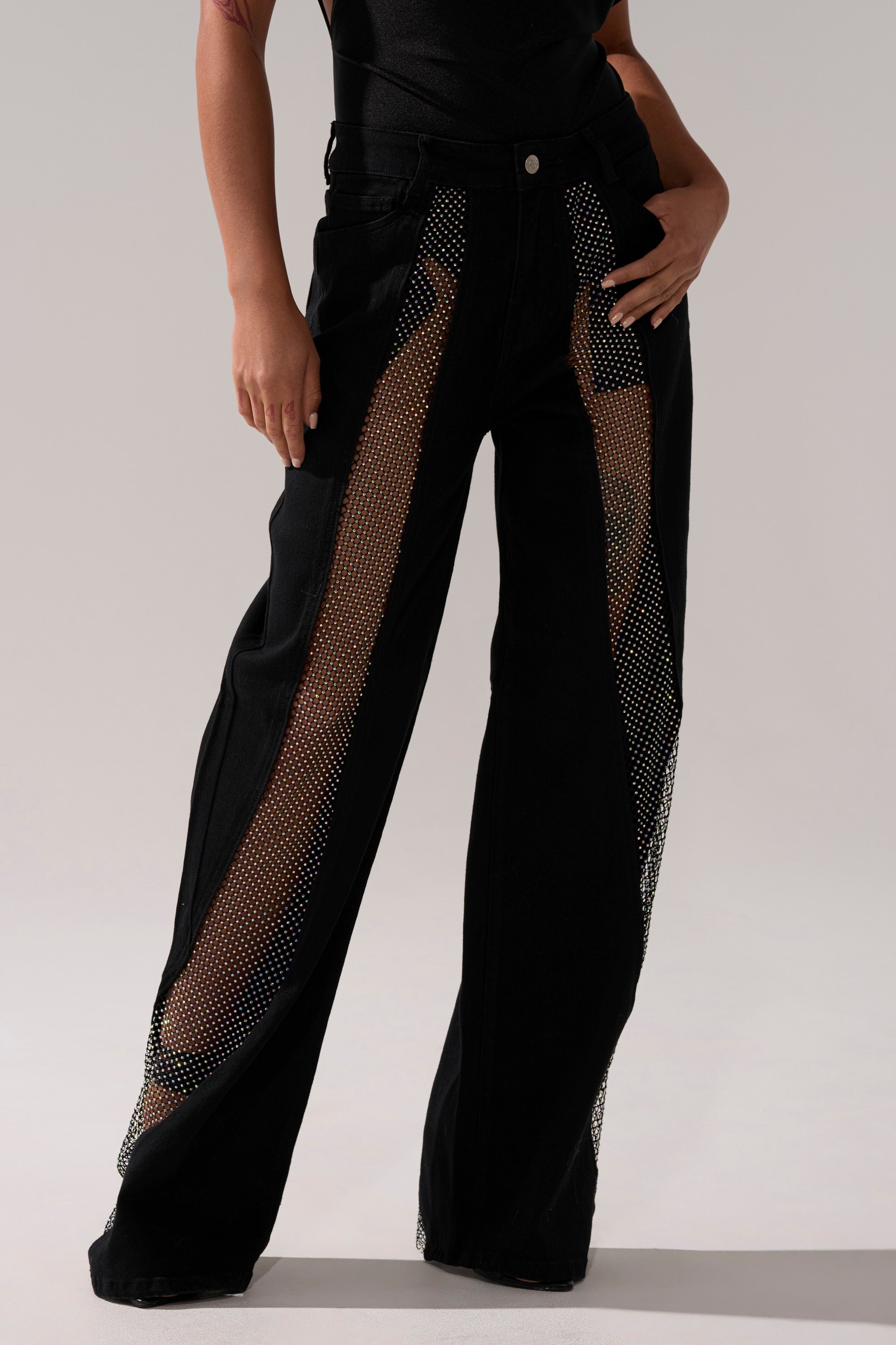 SOMETHING DIFFERENT RELAXED DENIM WITH RHINESTONE MESH