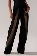 SOMETHING DIFFERENT RELAXED DENIM WITH RHINESTONE MESH