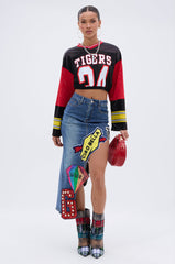 VARSITY SQUAD DENIM GRAPHIC MIDI SKIRT