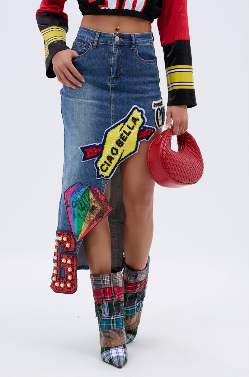 VARSITY SQUAD DENIM GRAPHIC MIDI SKIRT