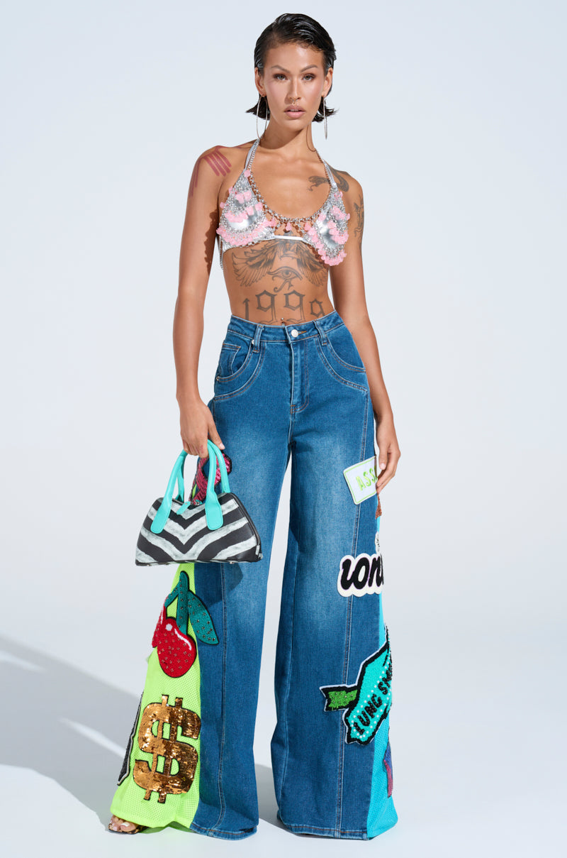 NOT SORRY PATCHWORK MEDIUM BLUE DENIM JEANS