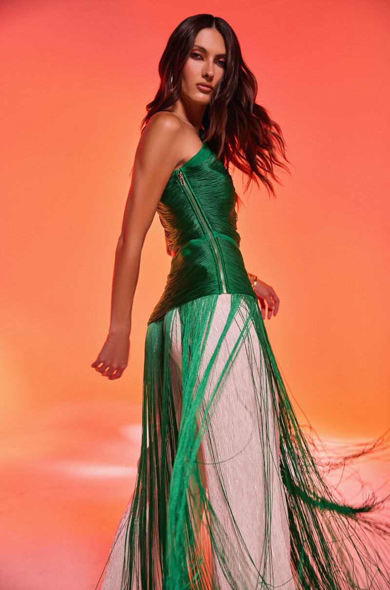 GINA SINGLE SHOULDER FRINGE TOP IN KELLY GREEN