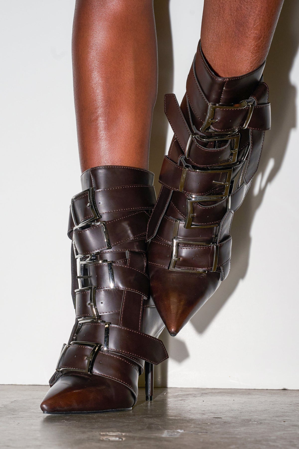 AZALEA WANG ALCETAS CHOCOLATE STILETTO BOOTIE WITH BUCKLES