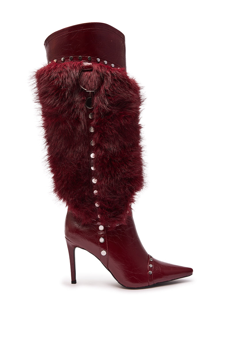 AZALEA WANG ALISETTE BURGUNDY MIXED MATERIAL FUR AND SNAKE STILETTO BOOT