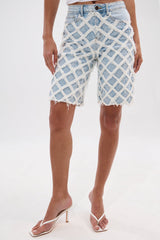 DISTRESSED AND STRESSED DENIM BERMUDA SHORT
