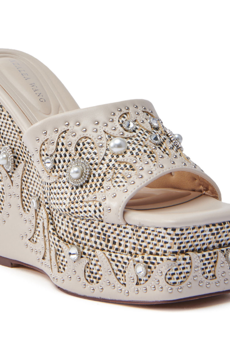 AZALEA WANG APPOLONIA BEIGE TWEED EMBELLISHED WEDGE SANDAL