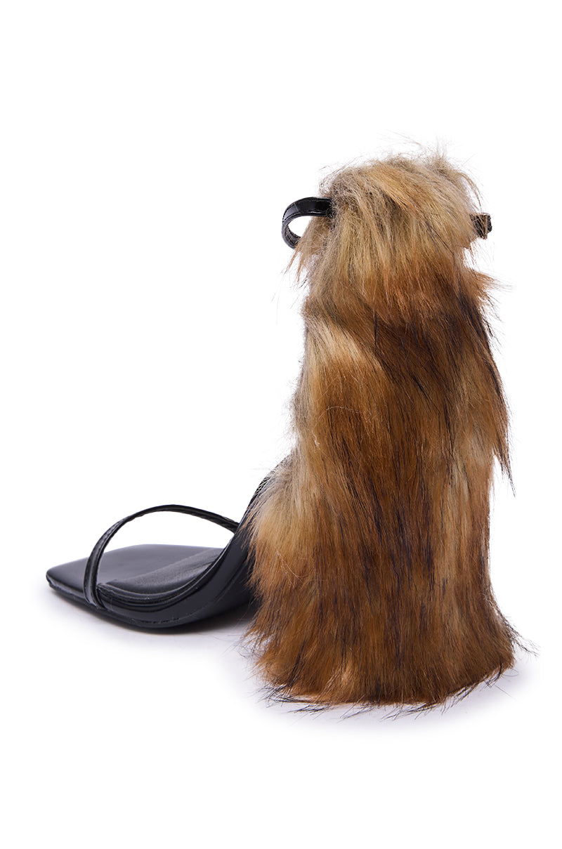 AZALEA WANG ARETTE BLACK SANDAL WITH BROWN FUR