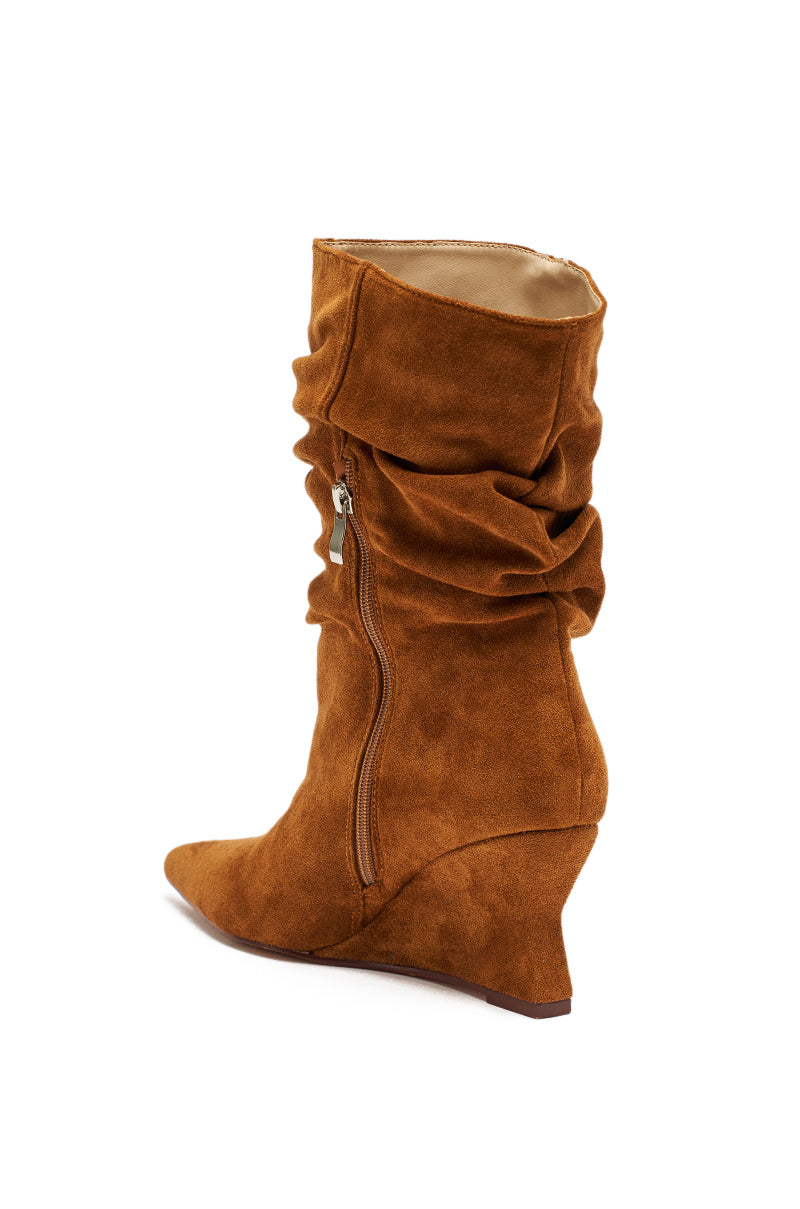 AZALEA WANG ASAF RUCHED WEDGE BOOTIE IN TAN
