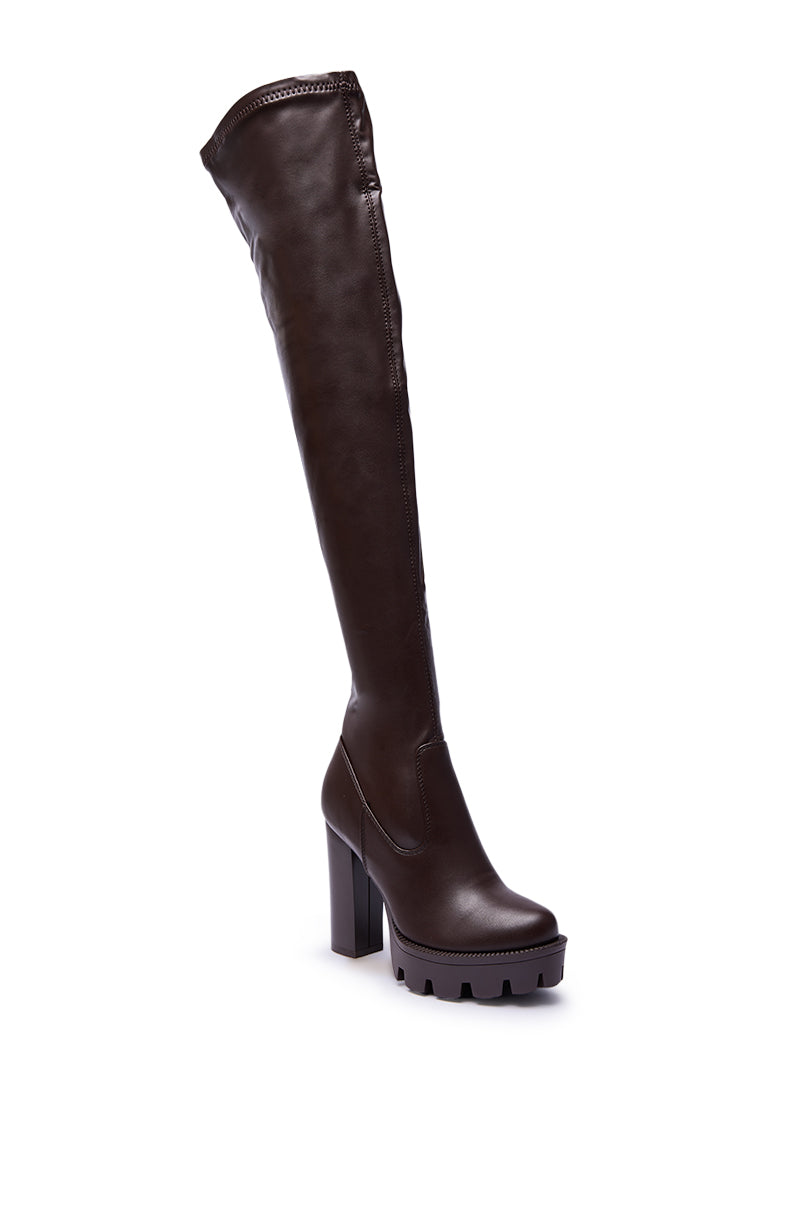 AZALEA WANG ASHLAND CHOCOLATE STRETCH PU CHUNKY THIGH-HIGH BOOT