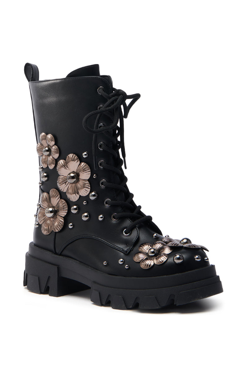 AZALEA WANG ORQUIDEA BLACK FLORAL EMBELLISHED COMBAT BOOTIE