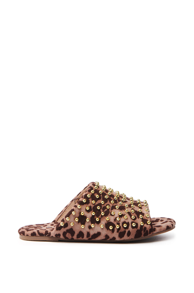 AKIRA BAGGER STUDDED SLIP ON SANDAL IN LEOPARD