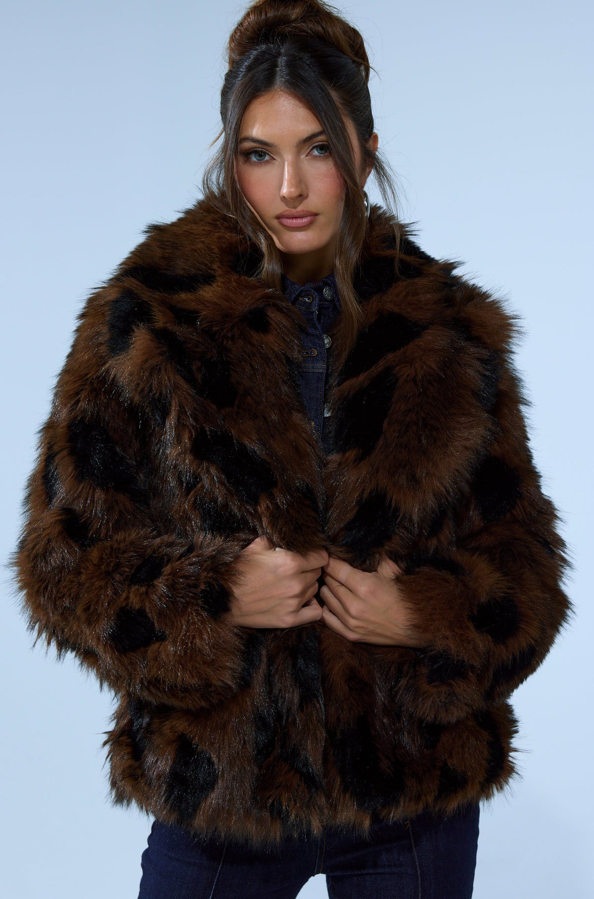 SHORTIE FUR COAT IN BROWN MULTI