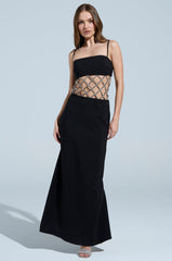 TAKE IT BLACK MIDI DRESS WITH RHINESTONE CUTOUT