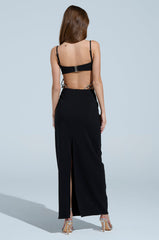 TAKE IT BLACK MIDI DRESS WITH RHINESTONE CUTOUT