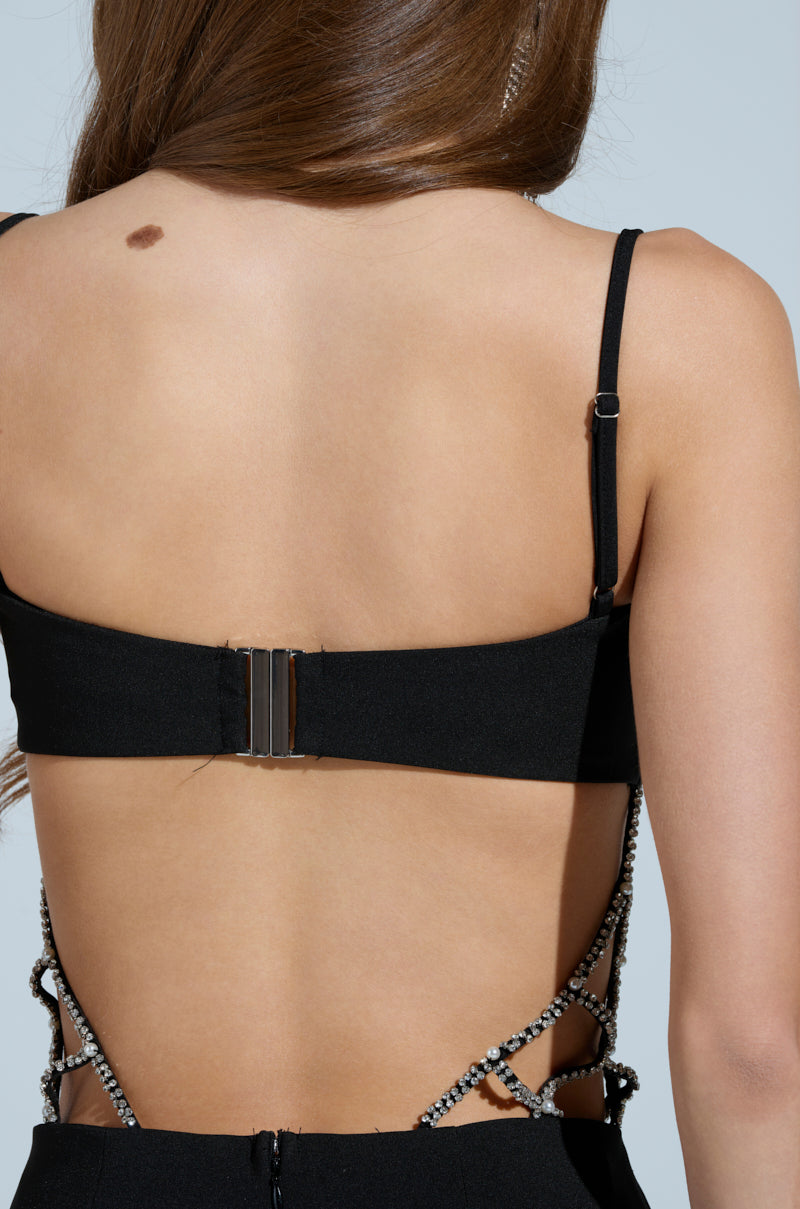 TAKE IT BLACK MIDI DRESS WITH RHINESTONE CUTOUT