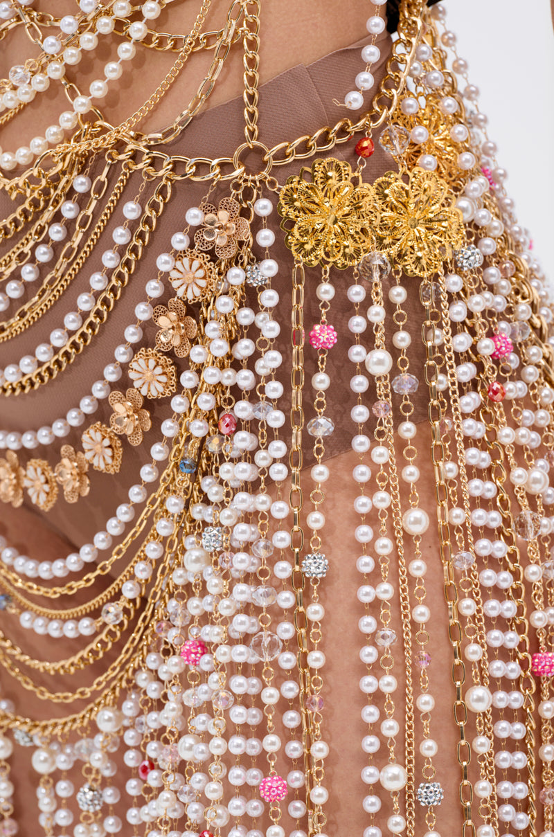 NAMIKA LAYERED CHAIN AND PEARL MINI DRESS