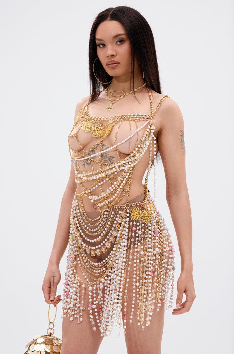 NAMIKA LAYERED CHAIN AND PEARL MINI DRESS