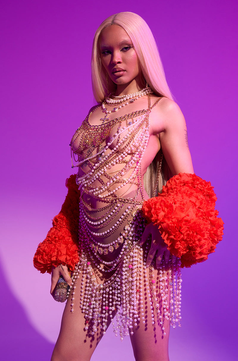 NAMIKA LAYERED CHAIN AND PEARL MINI DRESS