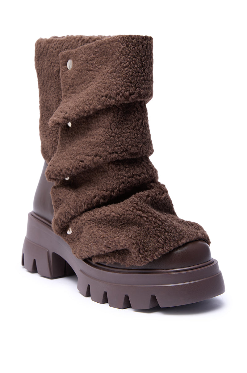 AZALEA WANG BEHATI BROWN SHERPA BOOTIE WITH SNAP DETAIL