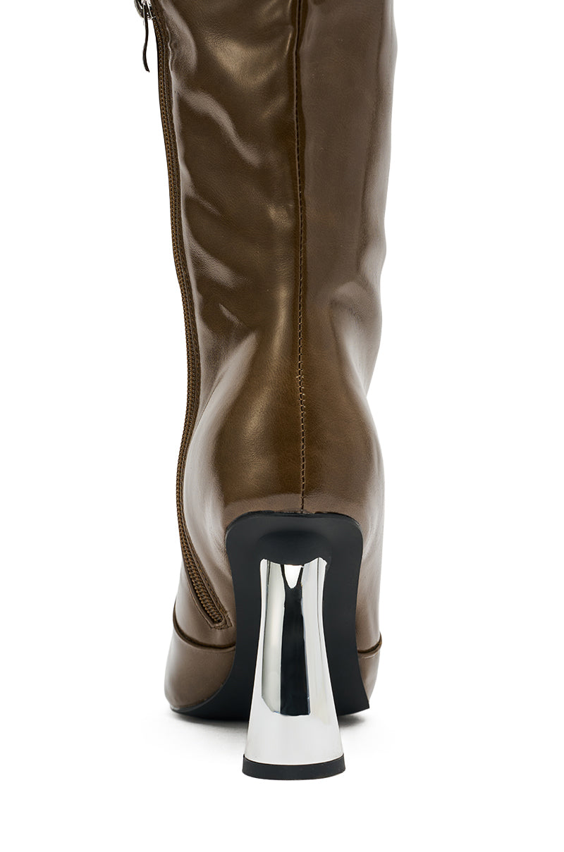 AZALEA WANG BEHRAM OLIVE CURVED CHUNKY HEEL KNEE HIGH BOOT