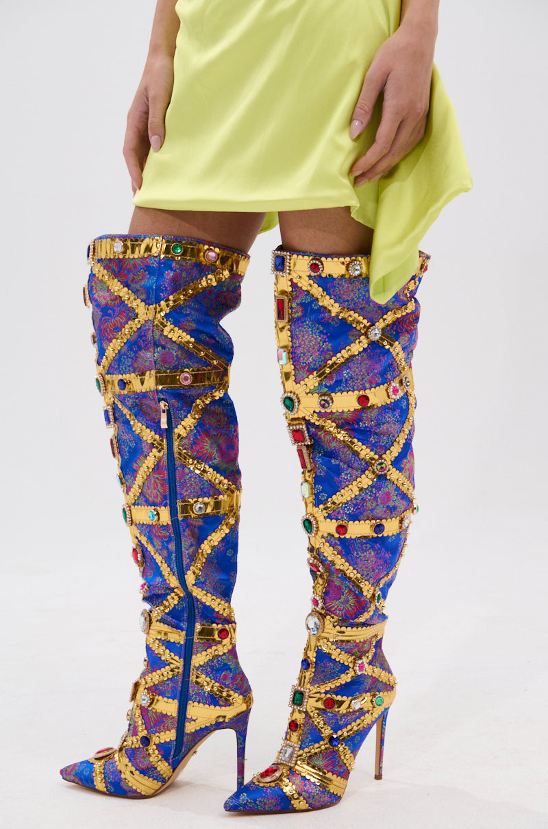 AZALEA WANG BERKLEY BLUE BAROCADE EMBELLISHED BOOT