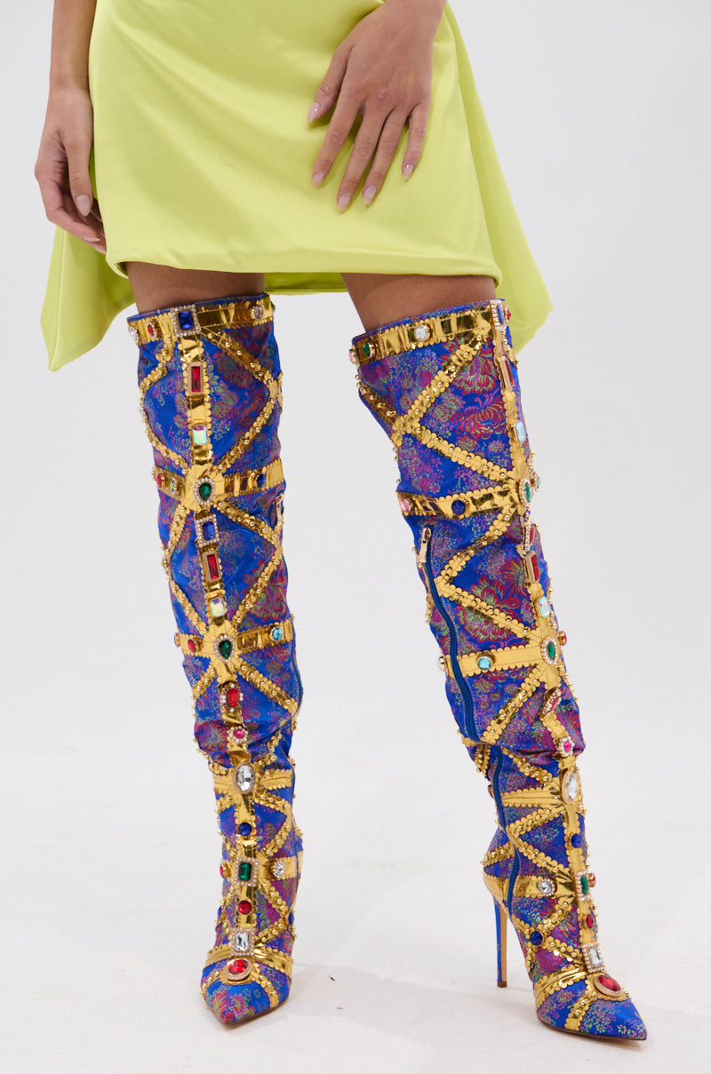 AZALEA WANG BERKLEY BLUE BAROCADE EMBELLISHED BOOT