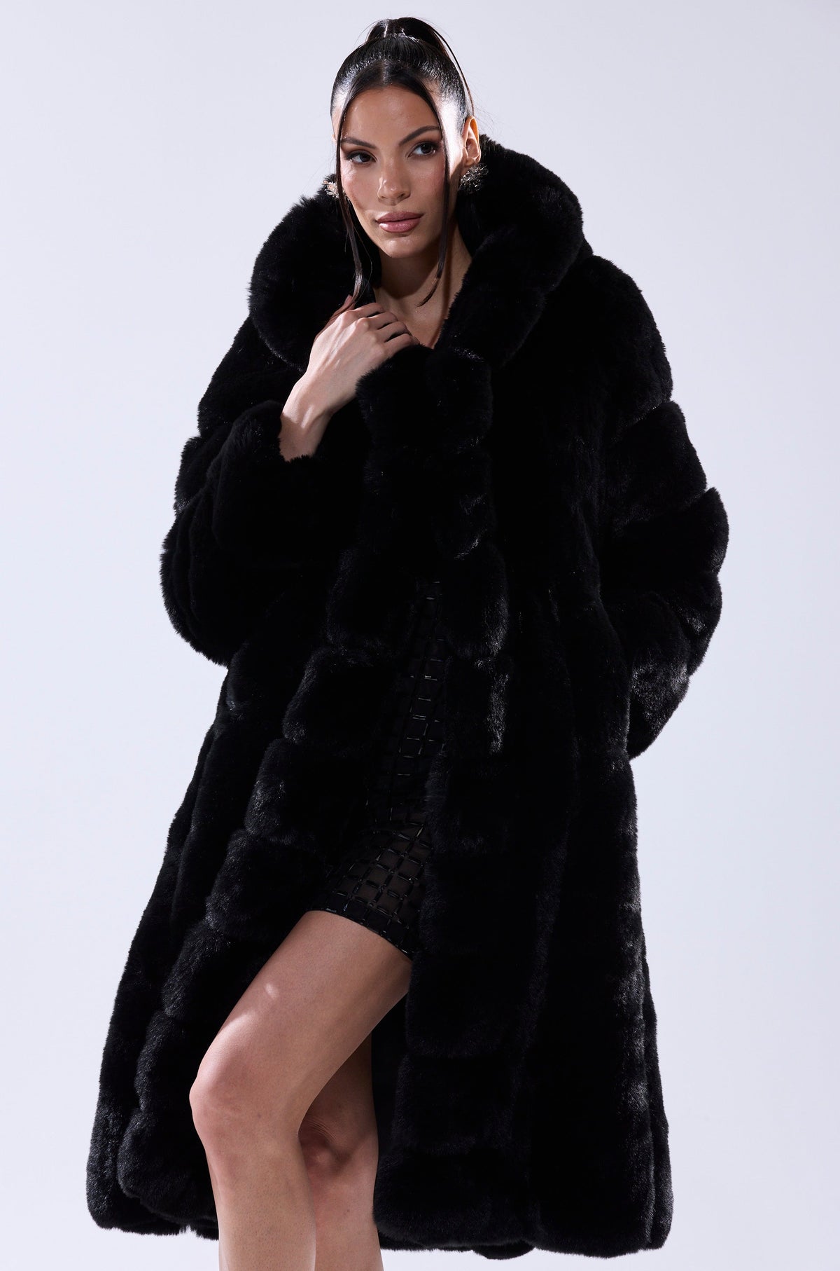 BERLIN HOODED FAUX FUR IN BLACK