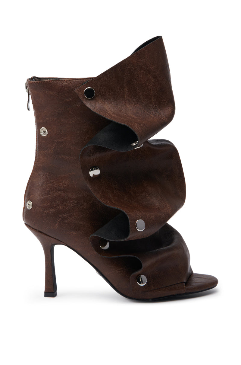 AZALEA WANG BIRD SONG BROWN SNAP DETAIL OPEN TOE BOOTIE