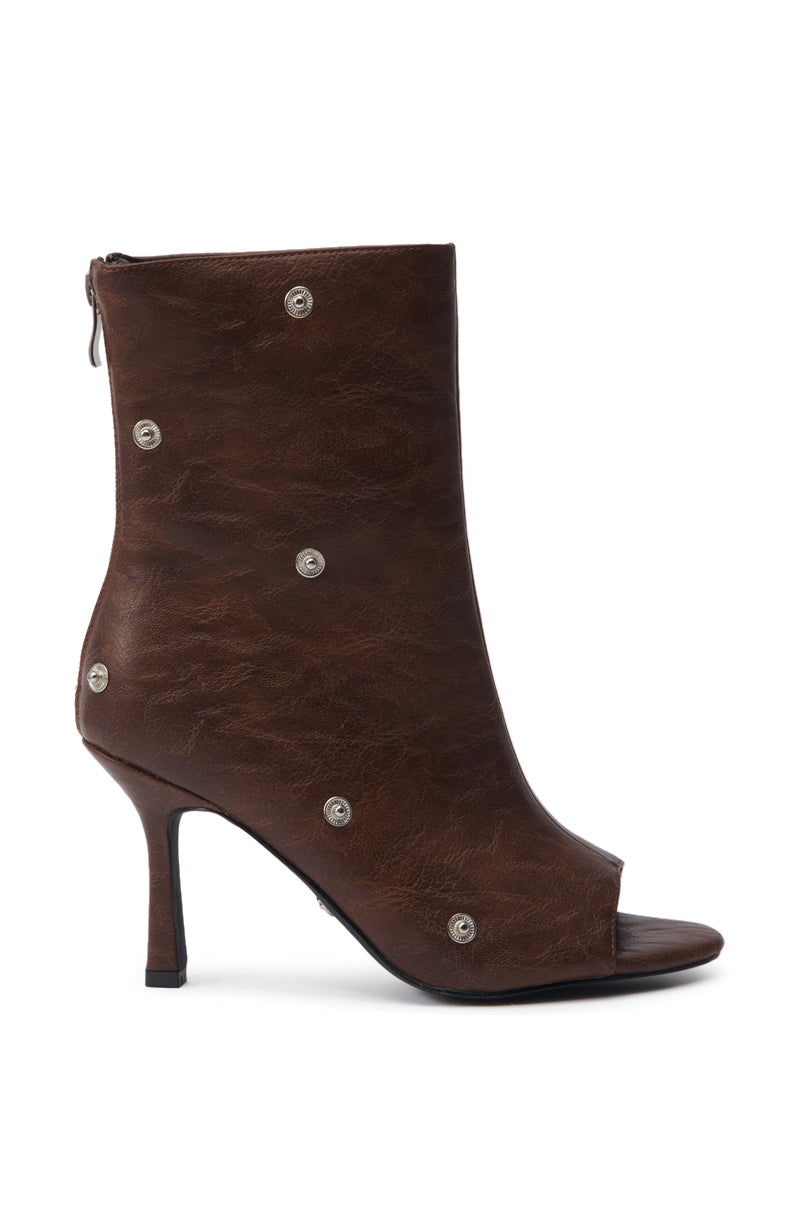 AZALEA WANG BIRD SONG BROWN SNAP DETAIL OPEN TOE BOOTIE