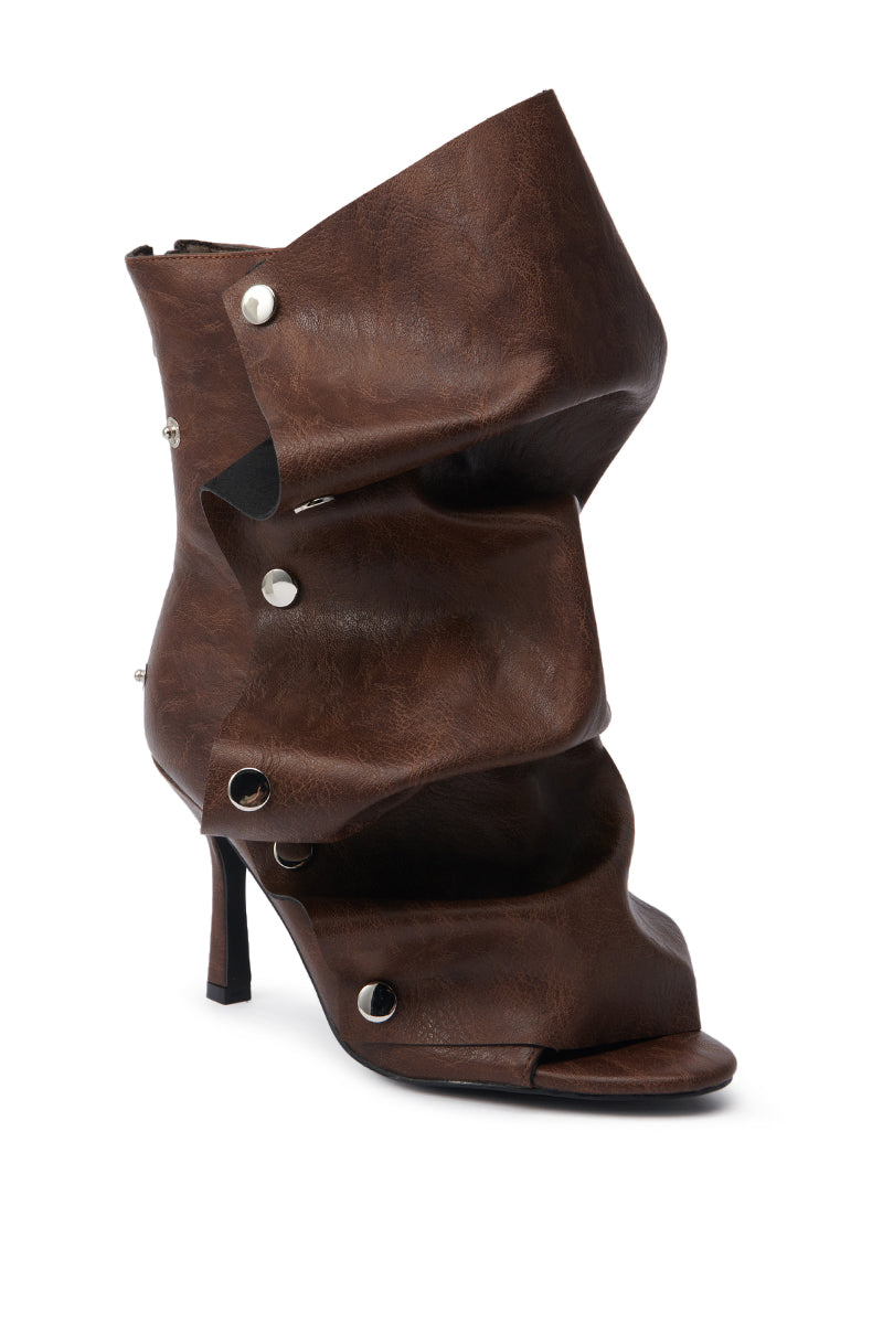 AZALEA WANG BIRD SONG BROWN SNAP DETAIL OPEN TOE BOOTIE