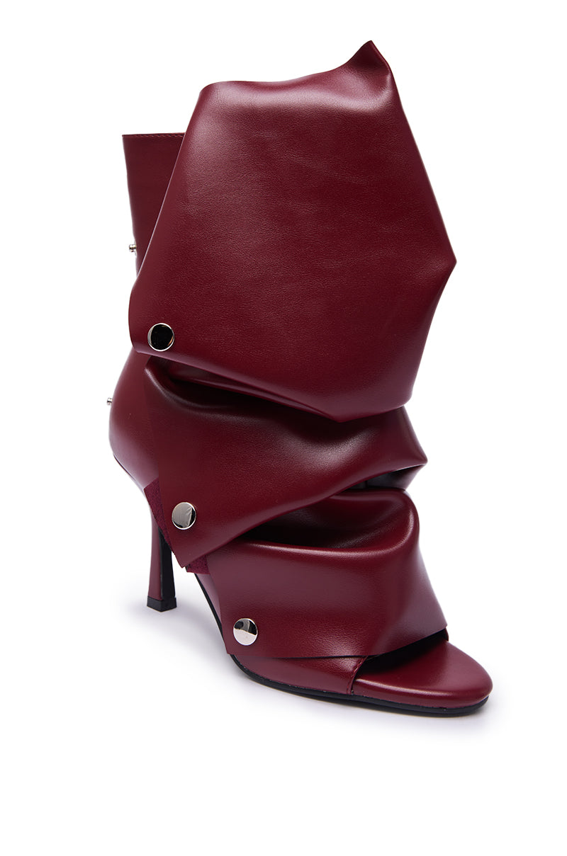AZALEA WANG BIRDSONG BURGUNDY SNAP OPEN TOE STILETTO BOOTIE